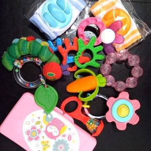 2 pair need pads for crawling, teething and rattle toy and portable wipe contain